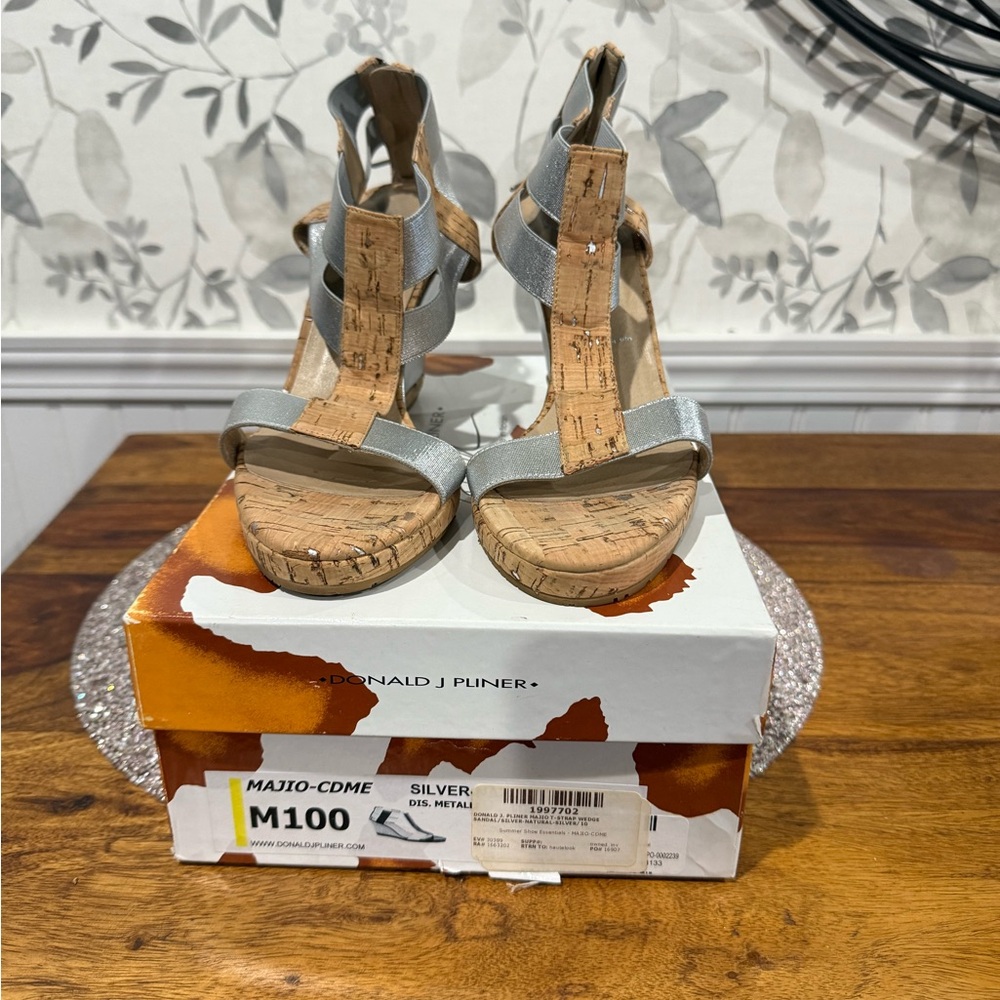 Donald J. Pliner Cork and Silver Leather Wedges Classic Design. Size 10